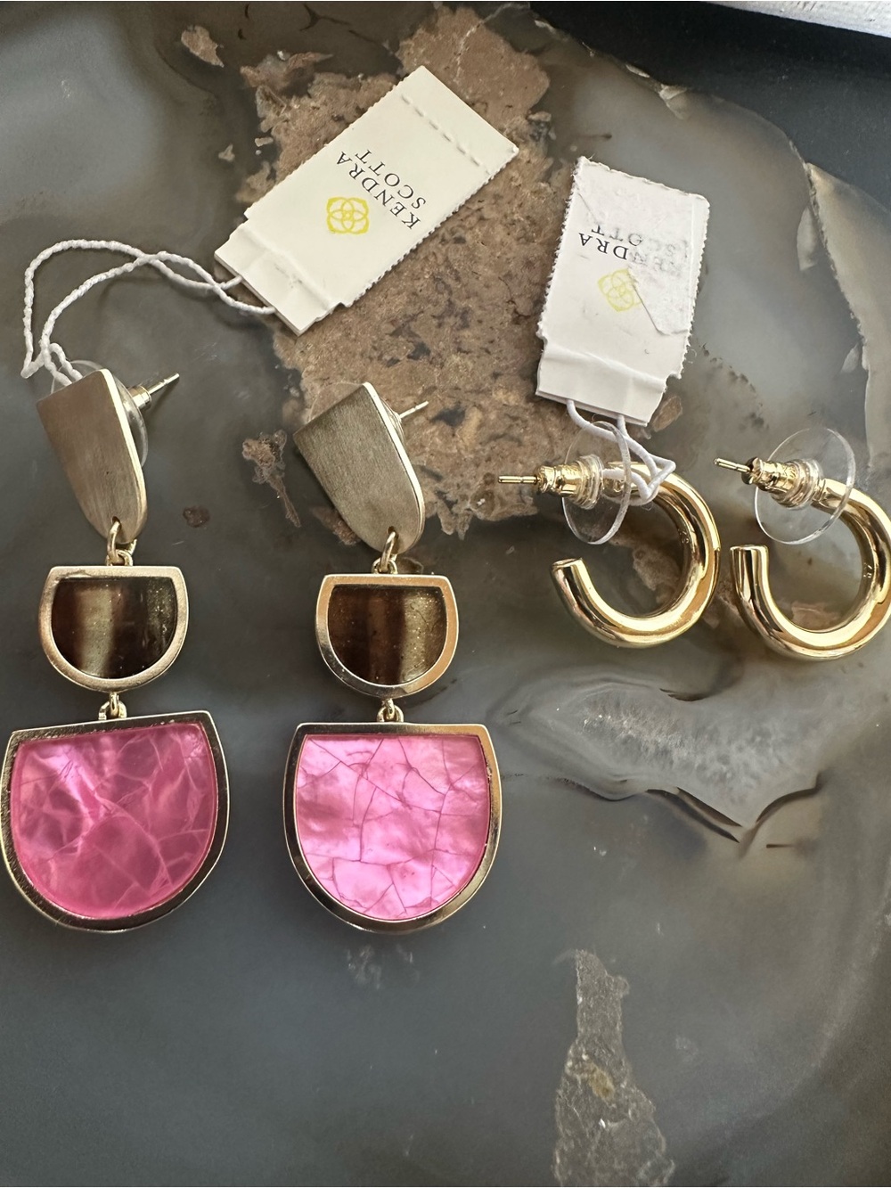 Kendra Scott Gold and Pink Drop Statement Earrings and gold hoops